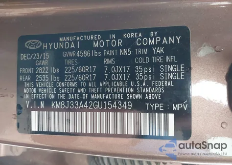 2016 Hyundai Tucson Se from USA, damaged, VIN KM8J33A42GU154349